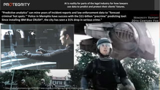 Copyright ©Protegrity Corp.
*: https://www.fastcompany.com/1675910/7-ways-real-life-crime-fighting-mirrors-minority-report
AI is reality for parts of the legal industry for how lawyers
use data to predict and protect their clients’ futures.
“Predictive analytics" can mine years of incident reports and law enforcement data to "forecast
criminal 'hot spots.'" Police in Memphis have success with the $11-billion "precrime" predicting tool:
Since installing IBM Blue CRUSH*, the city has seen a 31% drop in serious crime."
 