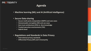 Copyright ©Protegrity Corp.
Agenda
• Machine learning (ML) and AI (Artificial Intelligence)
• Secure Data-sharing
• Secure multi-party computation (SMPC) and uses cases
• Homomorphic encryption (HE) and use cases
• Zero trust architecture (ZTA) vs. Zero knowledge
• Trusted execution environments (TEE)
• Hybrid cloud
• Regulations and Standards in Data Privacy
• International privacy standards
• Differential Privacy (DP) and K-Anonymity
3
 