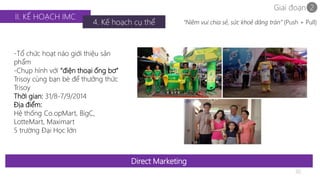 Giai đoạn 2 
30 
Direct Marketing 
II. KẾ HOẠCH IMC 
4. Kế hoạch cụ thể 
-Tổ chức hoạt náo giới thiệu sản 
phẩm 
-Chụp hình với “điện thoại ống bơ” 
Trisoy cùng bạn bè để thưởng thức 
Trisoy 
Thời gian: 31/8-7/9/2014 
Địa điểm: 
Hệ thống Co.opMart, BigC, 
LotteMart, Maximart 
5 trường Đại Học lớn 
“Niềm vui chia sẻ, sức khoẻ dâng tràn” (Push + Pull) 
 