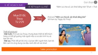 “Niềm vui chia sẻ, sức khoẻ dâng tràn” (Push + Pull) 
31 
II. KẾ HOẠCH IMC 
4. Kế hoạch cụ thể 
Mua 01 lốc 
Trisoy 
Từ 21/9 
Tặng 
-Postcard “Niềm vui chia sẻ, sức khoẻ dâng tràn” 
-Vé tham dự “Ngày hội Trisoy” 
Thiết kế postcard 
-Mặt trước: Print ad của Trisoy, nhưng được thiết kế để khách 
hàng có thể gỡ gương mặt người mẫu ra và dán hình họ và 
bạn bè vào 
-Mặt sau: Phần để ghi lời chúc của bạn đến người thân, bạn bè. 
Bên cạnh là công dụng của đậu nành đối với sức khoẻ 
Sales promotion 
Giai đoạn 2 
 