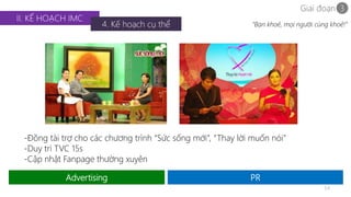 “Bạn khoẻ, mọi người cùng khoẻ!” 
34 
II. KẾ HOẠCH IMC 
4. Kế hoạch cụ thể 
-Đồng tài trợ cho các chương trình “Sức sống mới”, “Thay lời muốn nói” 
-Duy trì TVC 15s 
-Cập nhật Fanpage thường xuyên 
Advertising PR 
Giai đoạn 3 
 