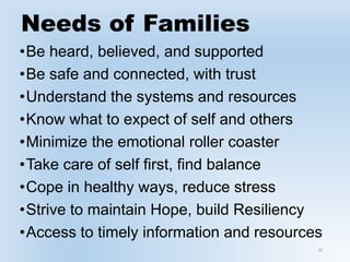 Needs of Families
•Be heard, believed, and supported
•Be safe and connected, with trust
•Understand the systems and resources
•Know what to expect of self and others
•Minimize the emotional roller coaster
•Take care of self first, find balance
•Cope in healthy ways, reduce stress
•Strive to maintain Hope, build Resiliency
•Access to timely information and resources
16
 