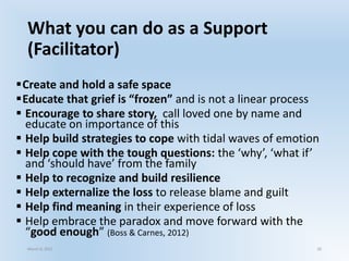 What you can do as a Support
(Facilitator)
Create and hold a safe space
Educate that grief is “frozen” and is not a linear process
 Encourage to share story, call loved one by name and
educate on importance of this
 Help build strategies to cope with tidal waves of emotion
 Help cope with the tough questions: the ‘why’, ‘what if’
and ‘should have’ from the family
 Help to recognize and build resilience
 Help externalize the loss to release blame and guilt
 Help find meaning in their experience of loss
 Help embrace the paradox and move forward with the
“good enough” (Boss & Carnes, 2012)
March 6, 2021 30
 