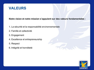 VALEURS
Notre vision et notre mission s’appuient sur des valeurs fondamentales :
1. La sécurité et la responsabilité environnementale
2. Famille et collectivité
3. Engagement
4. Excellence et entrepreneurship
5. Respect
6. Intégrité et honnêteté
 
