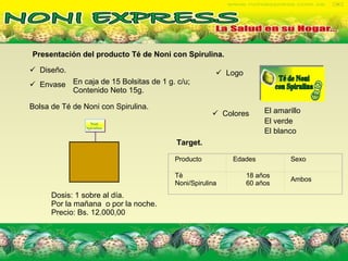 Presentación del producto Té de Noni con Spirulina.  Logo   Envase   Colores   Target.   En caja de 15 Bolsitas de 1 g. c/u;  Contenido Neto 15g. El verde   Diseño. Bolsa de Té de Noni con Spirulina. Dosis: 1 sobre al día.  Por la mañana  o por la noche. Precio: Bs. 12.000,00 El amarillo   El blanco   Té de Noni  con Spirulina Noni Spirulina Producto Edades Sexo Tè Noni/Spirulina  18 años 60 años Ambos 