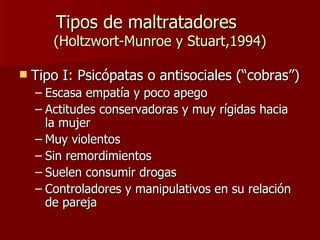 Tipos de maltratadores  (Holtzwort-Munroe y Stuart,1994) Tipo I: Psicópatas o antisociales (“cobras”) Escasa empatía y poco apego Actitudes conservadoras y muy rígidas hacia la mujer Muy violentos Sin remordimientos Suelen consumir drogas Controladores y manipulativos en su relación de pareja 