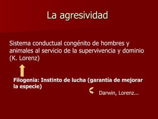 La agresividad  Sistema conductual congénito de hombres y animales al servicio de la supervivencia y dominio (K. Lorenz) Filogenia: Instinto de lucha (garantía de mejorar la especie)  Darwin, Lorenz... 