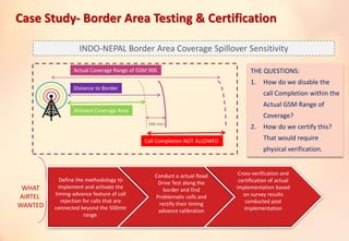 Case Study- Border Area Testing & Certification
Allowed Coverage Area
Distance to Border
Actual Coverage Range of GSM 900
500 mtrs
Call Completion NOT ALLOWED
THE QUESTIONS:
1. How do we disable the
call Completion within the
Actual GSM Range of
Coverage?
2. How do we certify this?
That would require
physical verification.
WHAT
AIRTEL
WANTED
Define the methodology to
implement and activate the
timing-advance feature of call
rejection for calls that are
connected beyond the 500mtr
range.
Conduct a actual Road
Drive Test along the
border and find
Problematic cells and
rectify their timing
advance calibration
Cross-verification and
certification of actual
implementation based
on survey results
conducted post
implementation
INDO-NEPAL Border Area Coverage Spillover Sensitivity
 