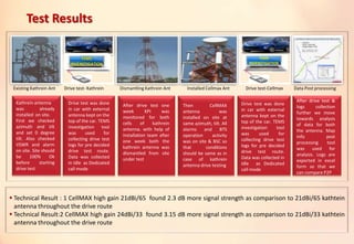Kathrein antenna
was already
installed on site.
First we checked
azimuth and tilt
and set 0 degree
tilt. Also checked
VSWR and alarm
on site. Site should
be 100% Ok
before starting
drive test
Existing Kathrein Ant Dismantling Kathrein Ant Installed Cellmax Ant
TEMS
INVENSTIGATION
TEMS
INVENSTIGATION
Drive test- Kathrein Drive test-Cellmax Data Post processing
Drive test was done
in car with external
antenna kept on the
top of the car. TEMS
investigation tool
was used for
collecting drive test
logs for pre decided
drive test route.
Data was collected
in Idle as Dedicated
call mode
After drive test one
week KPI was
monitored for both
cells of kathrein
antenna. with help of
installation team after
one week both the
kathrein antenna was
dismantled from site
under test
Then CellMAX
antenna was
installed on site at
same azimuth, tilt. All
alarms and BTS
operation activity
was on site & BSC so
that conditions
should be same as in
case of kathrein
antenna drive testing
Drive test was done
in car with external
antenna kept on the
top of the car. TEMS
investigation tool
was used for
collecting drive test
logs for pre decided
drive test route.
Data was collected in
Idle as Dedicated
call mode
After drive test &
logs collection
further we move
towards analysis
of data for both
the antenna. Map
Info post
processing tool
was used for
analysis. Logs are
exported in excel
form so that we
can compare P2P
 Technical Result : 1 CellMAX high gain 21dBi/65 found 2.3 dB more signal strength as comparison to 21dBi/65 kathtein
antenna throughout the drive route
 Technical Result:2 CellMAX high gain 24dBi/33 found 3.15 dB more signal strength as comparison to 21dBi/33 kathtein
antenna throughout the drive route
Test Results
 
