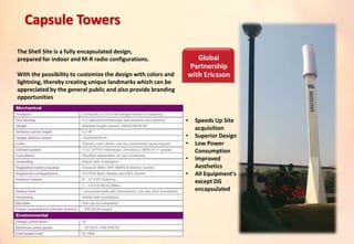 The Shell Site is a fully encapsulated design,
prepared for indoor and M-R radio configurations.
With the possibility to customize the design with colors and
lightning, thereby creating unique landmarks which can be
appreciated by the general public and also provide branding
opportunities
Global
Partnership
with Ericsson
• Speeds Up Site
acquisition
• Superior Design
• Low Power
Consumption
• Improved
Aesthetics
• All Equipment's
except DG
encapsulated
Capsule Towers
 