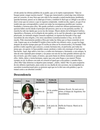 olvide jamás las últimas palabras de su padre, que yo le repito expresamente: “Que no
busque jamás vengar nuestra muerte”. Tengo que mencionarle a usted algo muy doloroso
para mi corazón, sé muy bien que este niño le ha causado a usted mucha pena, perdónelo,
querida hermana, piense en la edad que él tiene y también lo fácil que es obligar a un niño a
decir cosas que no conoce y que ni siquiera comprende, vendrá un día, espero, en que él no
tendrá más que corresponderle a usted con todas las recompensas posibles por vuestras
bondades y ternuras para ellos. Me queda confiarle a usted mis últimos pensamientos, yo
quisiera haber escrito desde el principio del proceso, pero no se me permitía escribir, la
marcha ha sido tan rápida que ya no me dio tiempo. Muero dentro de la Religión Católica,
Apostólica y Romana, en la religión de mis padres, en la cual fui educada y que siempre he
practicado, no teniendo ningún consuelo espiritual, ni siquiera he buscado si hay aquí
sacerdotes de esta religión, a los otros sacerdotes (constitucionales) si hay, no les diré
mucho. Pido sinceramente perdón a Dios por todas las faltas que yo haya cometido en mi
vida. Espero que en su bondad Él tendrá a bien recibir mis últimos votos, ya que los hago
después de mucho tiempo para que Él reciba mi alma en Su misericordia y Su bondad. Pido
perdón a todos aquellos que conozco, a usted, hermana mía, en particular, por todas las
penas que, sin querer, le haya podido causar, perdono a todos mis enemigos el mal que me
han hecho. Aquí, digo adiós a mis tías y a todos mis hermanos y hermanas, a mis amigos, la
idea de estar separada para siempre y sus penas son uno de los más grandes dolores que les
doy al morir, que ellos sepan, al menos, que justo hasta mi último momento yo pensaré en
ellos. Adiós, dulce y tierna hermana, espero que esta carta llegue a sus manos! Piense
siempre en mí, la abrazo con todo mi corazón al igual que a mis pobres y amados hijos,
¡Dios Mío! Que doloroso es dejarlos para siempre. ¡Adiós, Adiós! Me voy para ocuparme
de mis deberes espirituales, pues como no soy dueña de mis acciones, me acompañará un
sacerdote (constitucional) pero yo protesto aquí que no le diré una sola palabra y que lo
trataré como a un absoluto extraño”.

Descendencia
Nombre

Foto

Fecha de
nacimiento

Fecha de
defunción

Nota

María
Teresa

19 de
diciembre de
1778

Madame Royale. Se casó con su
19 de octubre
primo, el duque de Angulema. Sin
de 1851
descendencia.

Luis José

22 de octubre
de 1781

4 de junio de Delfín de Francia. Murió en la
1789
infancia.

 
