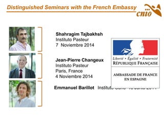 Distinguished Seminars with the French Embassy
Shahragim Tajbakhsh
Instituto Pasteur
7 Noviembre 2014
Jean-Pierre Changeux
Instituto Pasteur
Paris, France
4 Noviembre 2014
Emmanuel Barillot Instituto Curie 13 Junio 2014
 