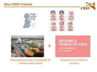 New CNIO Friends
+
Research on children’s
cancers
Recreational areas in hospitals for
children with cancer
 
