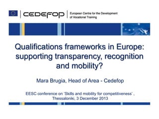 Qualifications frameworks in Europe:
supporting transparency, recognition
and mobility?
Mara Brugia, Head of Area - Cedefop
EESC conference on ‘Skills and mobility for competitiveness’ ,
Thessaloniki, 3 December 2013

 