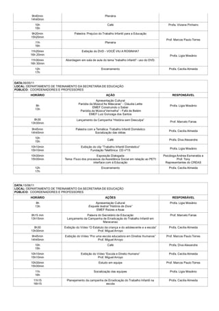 9h40min                                        Plenária
         14h40min
           10h                                             Café                                       Profa. Viviane Pinheiro
           15h
          9h20min                 Palestra: Prejuízo do Trabalho Infantil para a Educação
         15h20min
                                                                                                     Prof. Marcos Paulo Torres
           11h                                           Plenária
           16h
        11h20min                        Exibição do DVD - VOCÊ VIU A ROSINHA?
        16h 20min                                                                                      Profa. Ligia Mosânio
        11h30min            Abordagem em sala de aula do tema “trabalho infantil”- uso do DVD.
        16h 30min
           12h                                        Encerramento                                     Profa. Cecilia Almeida
           17h


DATA:06/05/11
LOCAL: DEPARTAMENTO DE TREINAMENTO DA SECRETARIA DE EDUCAÇÃO
PÚBLICO: COORDENADORES E PROFESSORES
        HORÁRIO                                           AÇÃO                                           RESPONSÁVEL
                                                 Apresentação Cultural
                                     Paródia da Música“As Máscaras” - Cláudia Leitte
            8h                                                                                         Profa. Ligia Mosânio
                                               EMEF Construindo o Saber
           13h
                                      Paródia da Música“Vermelha” - Fafá de Belém
                                             EMEF Luiz Gonzaga dos Santos
           8h30                     Lançamento da Campanha “História sem Desculpa”
         13h30min                                                                                      Prof. Marcelo Farias

          9h45min                  Palestra com a Temática: Trabalho Infantil Doméstico
                                                                                                       Profa. Cecilia Almeida
         14h45min                                Socialização das idéias
           10h
                                                           Café                                        Profa. Diva Alexandre
           15h
         10h10min                      Exibição do clip “Trabalho Infantil Doméstico”
                                                                                                       Profa. Ligia Mosânio
         15h10min                             Fundação Telefônica CD nº15
         10h30min                                 Exposição Dialogada                              Psicóloga Andrea Esmeralda e
         15h30min          Tema: Fluxo dos processos da Assistência Social em relação ao PETI                Prof. Tony
                                               interface com à Educação                             Representantes do CREAS
           12h                                        Encerramento                                     Profa. Cecilia Almeida
           17h



DATA:15/06/11
LOCAL: DEPARTAMENTO DE TREINAMENTO DA SECRETARIA DE EDUCAÇÃO
PÚBLICO: COORDENADORES E PROFESSORES
        HORÁRIO                                          AÇÕES                                           RESPONSÁVEL
            8h                                   Apresentação Cultural                                 Profa. Ligia Mosânio
           13h                               Esquete teatral:”História de Dora”
                                                  EMEF Raízes e Asas
         8h15 min                         Palavra do Secretário de Educação                            Prof. Marcelo Farias
         13h15min            Lançamento da Campanha de Erradicação do Trabalho Infantil em
                                                     Maracanaú
           8h30            Exibição do Vídeo “O Estatuto da criança e do adolescente e a escola”       Profa. Cecilia Almeida
         13h30min                                   Prof. Miguel Arroyo
          9h45min          Exibição do Vídeo “Por uma escola educadora em Direitos Humanos”          Prof. Marcos Paulo Torres
         14h45min                                  Prof. Miguel Arroyo
           10h                                             Café                                        Profa. Diva Alexandre
           15h
         10h10min                      Exibição do Vídeo “Escola e Direito Humano”                     Profa. Cecilia Almeida
         15h10min                                   Prof. Miguel Arroyo
         10h30min                                   Estudo em equipe                                 Prof. Marcos Paulo Torres
         15h30min
           11h                                   Socialização das equipes                              Profa. Ligia Mosânio
           16h
          11h15             Planejamento da campanha de Erradicação do Trabalho Infantil na            Profa. Cecilia Almeida
          16h15                                       escola
 
