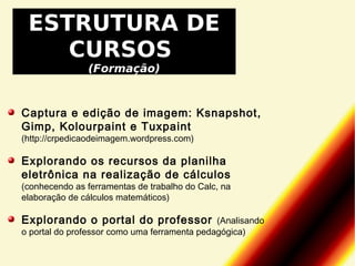 ESTRUTURA DE
CURSOS
(Formação)

Captura e edição de imagem: Ksnapshot,
Gimp, Kolourpaint e Tuxpaint
(http://crpedicaodeimagem.wordpress.com)

Explorando os recursos da planilha
eletrônica na realização de cálculos

(conhecendo as ferramentas de trabalho do Calc, na
elaboração de cálculos matemáticos)

Explorando o portal do professor

(Analisando
o portal do professor como uma ferramenta pedagógica)

 