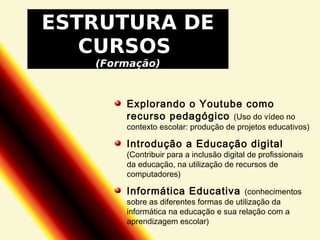 ESTRUTURA DE
CURSOS
(Formação)

Explorando o Youtube como
recurso pedagógico (Uso do vídeo no

contexto escolar: produção de projetos educativos)

Introdução a Educação digital

(Contribuir para a inclusão digital de profissionais
da educação, na utilização de recursos de
computadores)

Informática Educativa

(conhecimentos
sobre as diferentes formas de utilização da
informática na educação e sua relação com a
aprendizagem escolar)

 
