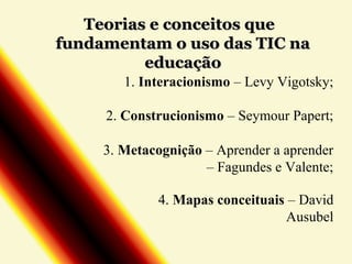 Teorias e conceitos que
fundamentam o uso das TIC na
educação
1. Interacionismo – Levy Vigotsky;
2. Construcionismo – Seymour Papert;
3. Metacognição – Aprender a aprender
– Fagundes e Valente;
4. Mapas conceituais – David
Ausubel

 