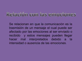 Se relacionan en que la comunicación es la
trasmisión de un mensaje el cual puede ser
afectado por las emociones al ser enviado o
recibido y estos mensajes pueden llegar
hacer mal interpretados debido a la
intensidad o ausencia de las emociones.
 