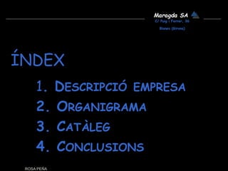 ÍNDEX
1. DESCRIPCIÓ EMPRESA
2. ORGANIGRAMA
3. CATÀLEG
4. CONCLUSIONS
ROSA PEÑA
Maragda SA
C/ Puig i Ferrer, 36
Blanes (Girona)
 