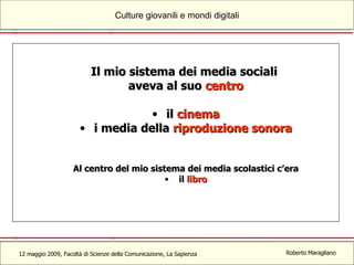 Il mio sistema dei media sociali  aveva al suo  centro il  cinema i media della  riproduzione sonora Al centro del mio sistema dei media scolastici c’era il  libro 
