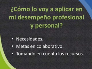 ¿Cómo lo voy a aplicar en
mi desempeño profesional
y personal?
• Necesidades.
• Metas en colaborativo.
• Tomando en cuenta los recursos.