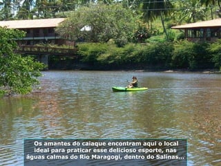 Os amantes do caiaque encontram aqui o local ideal para praticar esse delicioso esporte, nas águas calmas do Rio Maragogi, dentro do Salinas...  