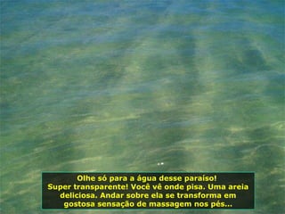 Olhe só para a água desse paraíso!  Super transparente! Você vê onde pisa. Uma areia deliciosa. Andar sobre ela se transforma em gostosa sensação de massagem nos pés... 