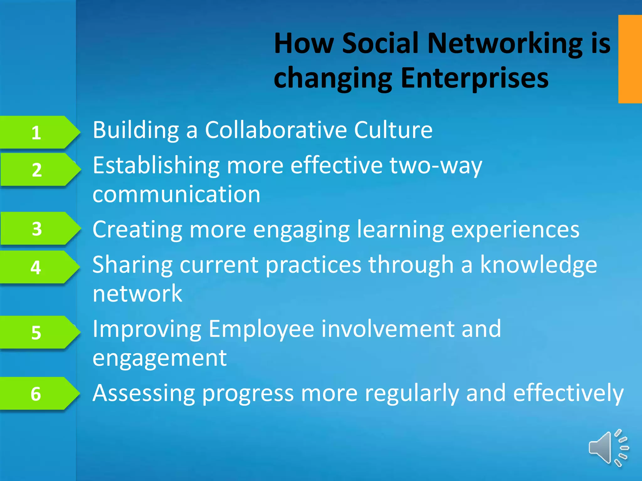 • Building a Collaborative Culture
• Establishing more effective two-way
communication
• Creating more engaging learning experiences
• Sharing current practices through a knowledge
network
• Improving Employee involvement and
engagement
• Assessing progress more regularly and effectively
How Social Networking is
changing Enterprises
1
2
3
4
5
6
 