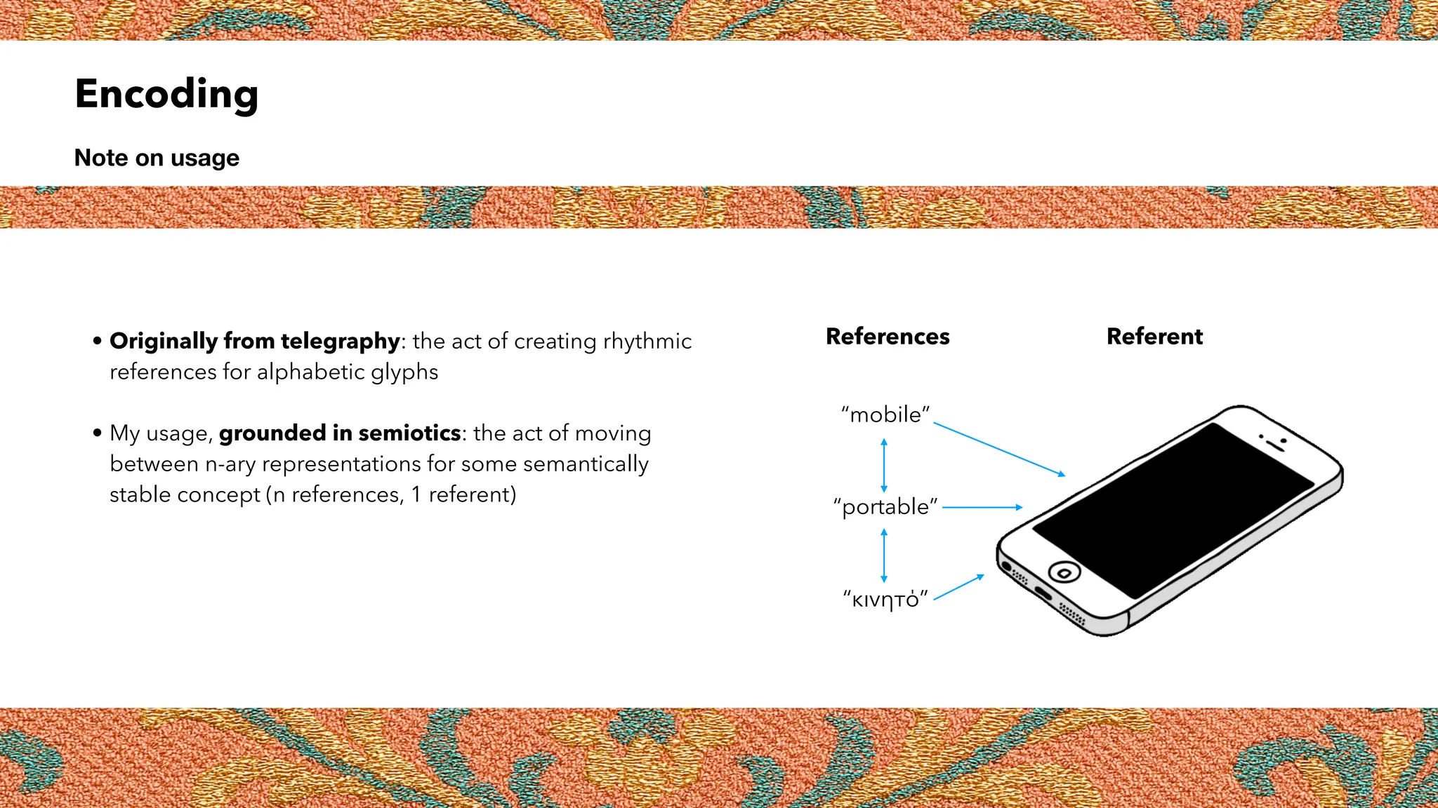 Encoding
Note on usage
• Originally from telegraphy: the act of creating rhythmic
references for alphabetic glyphs
• My usage, grounded in semiotics: the act of moving
between n-ary representations for some semantically
stable concept (n references, 1 referent)
“mobile”
“portable”
“κινητό”
References Referent
 
