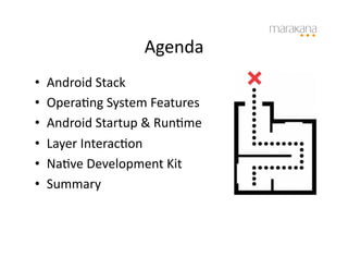Agenda	
  
•    Android	
  Stack	
  
•    Opera6ng	
  System	
  Features	
  
•    Android	
  Startup	
  &	
  Run6me	
  
•    Layer	
  Interac6on	
  
•    Na6ve	
  Development	
  Kit	
  
•    Summary	
  
 