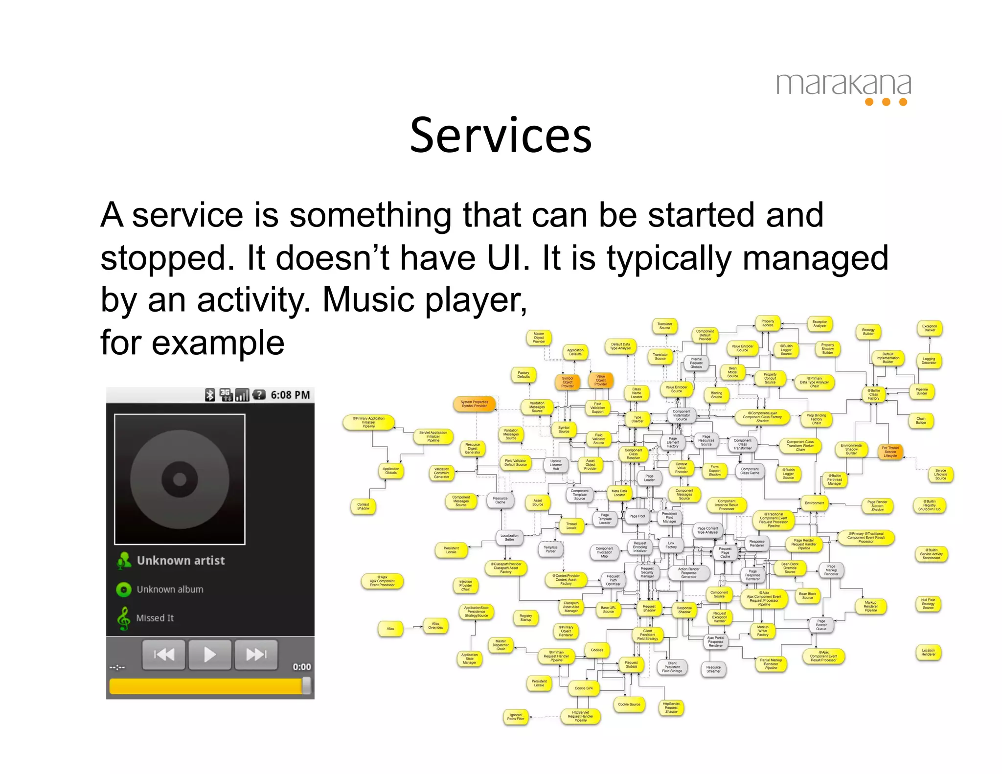 Services
                           	
  
A service is something that can be started and
stopped. It doesn’t have UI. It is typically managed
by an activity. Music player,
for example
 