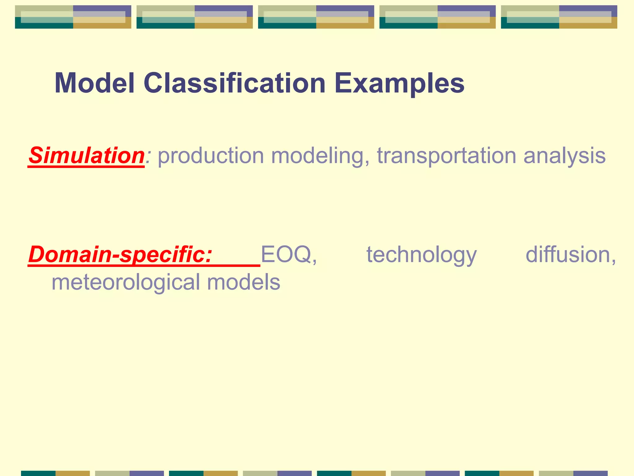 Model Classification Examples
Simulation: production modeling, transportation analysis
Domain-specific: EOQ, technology diffusion,
meteorological models
 