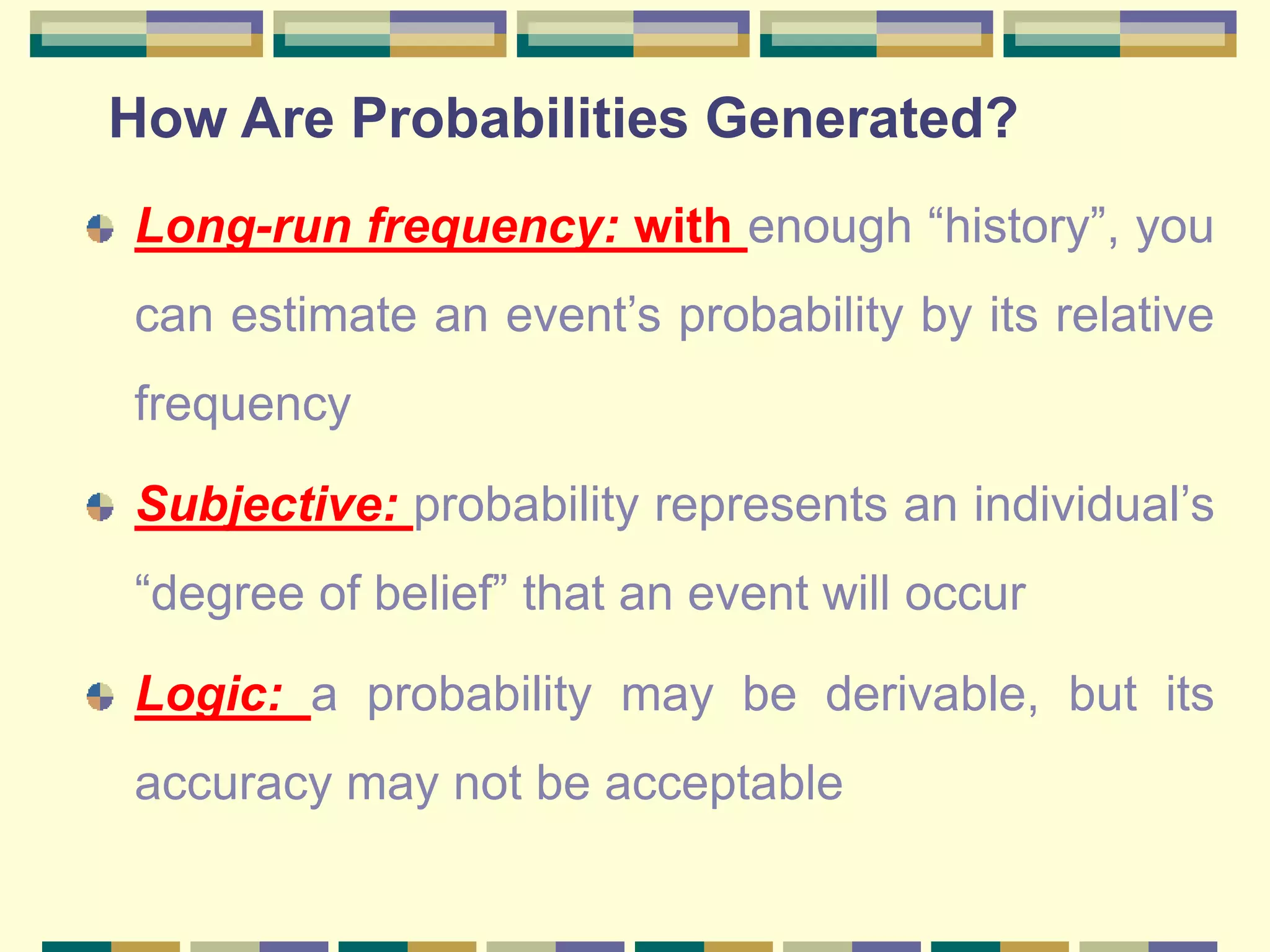 How Are Probabilities Generated?
Long-run frequency: with enough “history”, you
can estimate an event’s probability by its relative
frequency
Subjective: probability represents an individual’s
“degree of belief” that an event will occur
Logic: a probability may be derivable, but its
accuracy may not be acceptable
 