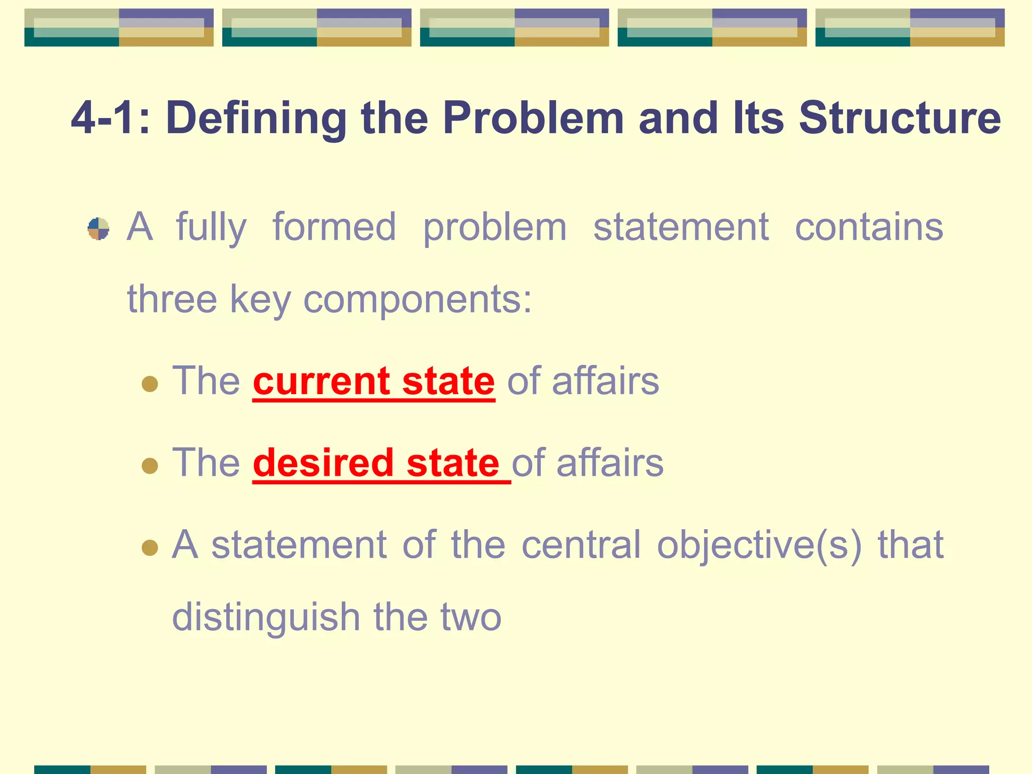 4-1: Defining the Problem and Its Structure
A fully formed problem statement contains
three key components:
 The current state of affairs
 The desired state of affairs
 A statement of the central objective(s) that
distinguish the two
 