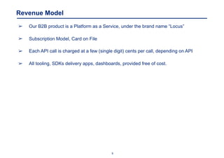 9
Revenue Model
➢ Our B2B product is a Platform as a Service, under the brand name “Locus”
➢ Subscription Model, Card on File
➢ Each API call is charged at a few (single digit) cents per call, depending on API
➢ All tooling, SDKs delivery apps, dashboards, provided free of cost.
 
