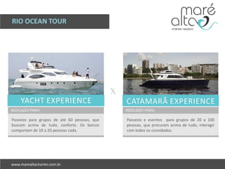 RIO OCEAN TOUR
Passeios para grupos de até 60 pessoas, que
buscam acima de tudo, conforto. Os barcos
comportam de 10 a 20 pessoas cada.
Passeios e eventos para grupos de 20 a 100
pessoas, que procuram acima de tudo, interagir
com todos os convidados.
 