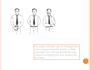 No debes Olvidar que el Protagonista de la Argumentación puede y debe anticipar los contraargumentos que tenga el antagonista que dudara de su tesis.