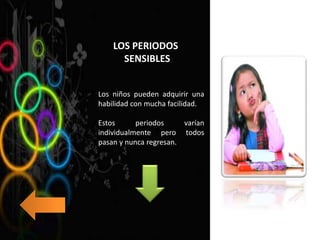 LOS PERIODOS
SENSIBLES
Los niños pueden adquirir una
habilidad con mucha facilidad.
Estos periodos varían
individualmente pero todos
pasan y nunca regresan.
 
