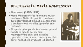 BIBLIOGRAFÍA: MARÍA MONTESSORI
• Montessori (1870-1952)
• Maria Montessori fue la primera mujer
medico en Italia. Su práctica medica y
sus observaciones clínicas la condujeron
a analizar como los niños aprenden en el
ambiente.
• El aporte principal de Montessori para el
mundo ha sido la del método
Montessoriano en el que los niños
aprenden a leer, sumar, contar y escribir
por si mismos, sin ayuda de los adultos.
 