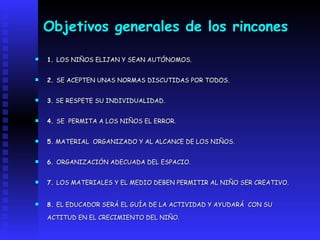 Objetivos generales de los rincones 1.  LOS NIÑOS ELIJAN Y SEAN AUTÓNOMOS.   2.  SE ACEPTEN UNAS NORMAS DISCUTIDAS POR TODOS.   3.  SE RESPETE SU INDIVIDUALIDAD.   4.  SE  PERMITA A LOS NIÑOS EL ERROR.   5.  MATERIAL  ORGANIZADO Y AL ALCANCE DE LOS NIÑOS.   6.  ORGANIZACIÓN ADECUADA DEL ESPACIO.   7.  LOS MATERIALES Y EL MEDIO DEBEN PERMITIR AL NIÑO SER CREATIVO.   8.  EL EDUCADOR SERÁ EL GUÍA DE LA ACTIVIDAD Y AYUDARÁ  CON SU ACTITUD EN EL CRECIMIENTO DEL NIÑO.   