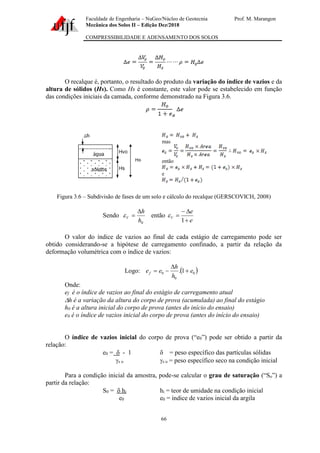 Faculdade de Engenharia – NuGeo/Núcleo de Geotecnia Prof. M. Marangon
Mecânica dos Solos II – Edição Dez/2018
COMPRESSIBILIDADE E ADENSAMENTO DOS SOLOS
66
O recalque é, portanto, o resultado do produto da variação do índice de vazios e da
altura de sólidos (Hs). Como Hs é constante, este valor pode se estabelecido em função
das condições iniciais da camada, conforme demonstrado na Figura 3.6.
mas
então
e
Figura 3.6 – Subdivisão de fases de um solo e cálculo do recalque (GERSCOVICH, 2008)
Sendo
0
h
h
V

=
 então
e
e
V
+

−
=
1

O valor do índice de vazios ao final de cada estágio de carregamento pode ser
obtido considerando-se a hipótese de carregamento confinado, a partir da relação da
deformação volumétrica com o índice de vazios:
Logo: ( )
0
0
0 1
. e
h
h
e
ef +

−
=
Onde:
ef é o índice de vazios ao final do estágio de carregamento atual
h é a variação da altura do corpo de prova (acumulada) ao final do estágio
h0 é a altura inicial do corpo de prova (antes do início do ensaio)
e0 é o índice de vazios inicial do corpo de prova (antes do início do ensaio)
O índice de vazios inicial do corpo de prova (“e0”) pode ser obtido a partir da
relação:
e0 =  - 1  = peso específico das partículas sólidas
s o s o = peso específico seco na condição inicial
Para a condição inicial da amostra, pode-se calcular o grau de saturação (“So”) a
partir da relação:
S0 =  hi hi = teor de umidade na condição inicial
e0 e0 = índice de vazios inicial da argila
 