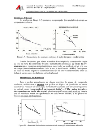 Faculdade de Engenharia – NuGeo/Núcleo de Geotecnia Prof. M. Marangon
Mecânica dos Solos II – Edição Dez/2018
COMPRESSIBILIDADE E ADENSAMENTO DOS SOLOS
67
Resultados do Ensaio
Os gráficos da Figura 3.7 mostram a representação dos resultados do ensaio de
compressão confinada.
Figura 3.7 – Representação dos resultados em termos de índice de vazios x tensão vertical
O valor da tensão a qual separa os trechos de recompressão e compressão virgem
do solo na curva de compressão do solo é normalmente denominado de tensão de pré-
adensamento, e representa, conceitualmente, o maior valor de tensão já sofrido pelo solo
em campo (no resultado mostrado na curva acima, se aproxima de 100 kPa). Corresponde
ao início do trecho virgem de compressão (em que se tem o comportamento linear do
índice de vazios com o log da tensão vertical aplicada).
Interpretação dos Resultados
Para o melhor entendimento de alguns conceitos do ensaio de compressão
confinada, analisaremos o exemplo dos gráficos da Figura 3.8 (resultados de ensaio
oedométrico realizado em uma argila normalmente adensada, com um descarregamento
no meio do ensaio e com tensão de carregamento inicial - 175 kPa - acima dos valores
correspondentes ao trecho não virgem), plotados no gráfico em escala semi-log (nota-se
que os resultados podem ser aproximados por dois trechos lineares) e no gráfico das
tensões em escala não logarítmica.
Figura 3.8 – Resultado do ensaio de adensamento de uma argila normalmente adensada
 