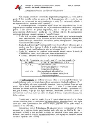 Faculdade de Engenharia – NuGeo/Núcleo de Geotecnia Prof. M. Marangon
Mecânica dos Solos II – Edição Dez/2018
COMPRESSIBILIDADE E ADENSAMENTO DOS SOLOS
68
Nota-se que a amostra foi comprimida, em primeiro carregamento, do ponto A até o
ponto B. Em seguida, sofreu um processo de descarregamento até o ponto D, para
finalmente ser recarregada até aproximadamente o ponto B, e novamente aplicado o
carregamento levou a amostra a atingir o ponto C.
A expressão primeiro carregamento significa que os carregamentos que ora se
impõem ao solo superam o maior valor por ele já sofrido em sua história de carregamento
prévia. É um conceito de grande importância, pois o solo (e todo material de
comportamento elastoplástico) guarda em sua estrutura indícios de carregamentos
anteriores. Assim, da curva apresentada na Figura 3.8, temos:
• Trecho A-B: trecho de carregamento virgem, no sentido que a amostra ensaiada
nunca experimentara valores de tensão vertical daquela magnitude. Quando isto
ocorre, diz-se que a amostra está em níveis de tensões correspondente à condição de
“normalmente adensada (NA)”.
• Trecho B-D-B (descarga/recarregamento): não é normalmente adensada, pois a
tensão a qual lhe é imposta é inferior à tensão máxima por ela experimentada
(ponto B), sendo classificado como solo “pré-adensado (PA)”.
• Trecho B-C: apresenta um estado de tensão superior ao maior estado de tensão já
experimentado, sendo classificado como normalmente adensado.
A Tabela 3.1 apresenta um resumo do exposto anteriormente.
Tabela 3.1 – Comparação entre pressões atual ’v e máxima passada ’vm
PRESSÃO COMPORTAMENTO DA ARGILA
’v < ’vm Solo pré adensado (PA)
Deformações pequenas e reversíveis
Comportamento elástico
’v  ’vm Solo normalmente adensado (NA)
Deformações grandes e irreversíveis
Comportamento plástico
Um outro exemplo que pode ser analisado refere-se a uma argila hipotética, cuja
relação índice de vazios em função da pressão de adensamento é indicada na Figura 3.9.
Esta argila foi adensada, no passado, segundo a curva tracejada na figura, até uma
tensão efetiva igual a aproximadamente o valor “3” – entre 2 e 4 (as tensões estão
indicadas por valores absolutos, independentes do sistema de unidades; 3 poderia ser 300
kPa, por exemplo). Veja que esta argila apresenta, atualmente (executado o ensaio de
laboratório), a curva de índice de vazios em função da tensão confinante indicada pela
linha contínua.
Considerando o nível de tensões de 4 a 8, estas tensões correspondem a valores
atuantes no solo argiloso na condição de argila normalmente adensada (ou seja, esta argila
ainda não tinha experimentado este nível de tensão, portanto não se pode atribuir à
condição de pré-adensada).
Considerando o nível de tensões de 0,5 a 2, estas tensões correspondem a valores
menores que a máxima tensão experimentada pelo solo (em sua história de vida –
geralmente atribuída a uma condição geológica do passado). Assim, estes valores se
referem a uma condição de argila pré-adensada (ou seja, esta argila já foi submetida a valor
de tensão superior a estes valores).
 