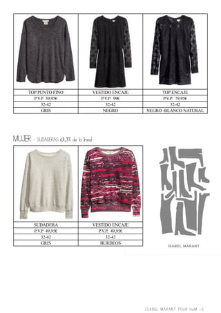 TOP PUNTO FINO
P.V.P 39,95€
32-42
GRIS

VESTIDO ENCAJE
P.V.P. 99€
32-42
NEGRO

TOP ENCAJE
P.V.P. 79,95€
32-42
NEGRO -BLANCO NATURAL

MUJER - SUDADERAS (3,7% de la línea)

SUDADERA
P.V.P 49,95€
32-42
GRIS

VESTIDO ENCAJE
P.V.P. 49,95€
32-42
BURDEOS

ISABEL MARANT POUR H&M -5

 