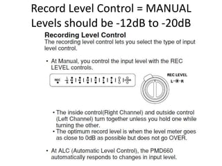Record Level Control = MANUAL
Levels should be -12dB to -20dB
 