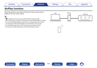 AirPlay function
Music files stored on your iPhone, iPod touch, iPad or iTunes can be
played on this unit via the network.
0 X is displayed on the menu screen while AirPlay is being operated.
0 Source input will be switched to “Online Music” when AirPlay playback is started.
0 You can stop AirPlay playback by pressing o or choosing other input source.
0 To see song and artist names together, press STATUS on the main unit.
0 For information about how to use iTunes, also see the Help for iTunes.
0 The screen may differ depending on the OS and software versions.
.
PC Router
This unit
Contents Connections Playback Settings Tips Appendix
110
Front panel Display Rear panel Remote Index
 