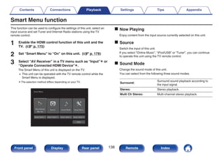 Smart Menu function
This function can be used to configure the settings of this unit, select an
input source and set Tuner and Internet Radio stations using the TV
remote control.
1 Enable the HDMI control function of this unit and the
TV. (v p. 175)
2 Set “Smart Menu” to “On” on this unit. (v p. 178)
3 Select “AV Receiver” in a TV menu such as “Input”z or
“Operate Connected HDMI Device”z.
The Smart Menu of this unit is displayed on the TV.
0 This unit can be operated with the TV remote control while the
Smart Menu is displayed.
zThe selection method differs depending on your TV.
.
Smart Menu
Smart Select 4
Help
Smart Select 3
Smart Select 2
Smart Select 1
Smart Menu
Setup Menu
Sound Mode
Source
Now Playing
Blu-ray
o Now Playing
Enjoy content from the input source currently selected on this unit.
o Source
Switch the input of this unit.
If you select “Online Music”, “iPod/USB” or “Tuner”, you can continue
to operate this unit using the TV remote control.
o Sound Mode
Change the sound mode of this unit.
You can select from the following three sound modes.
Surround:
Surround sound playback according to
the input signal.
Stereo: Stereo playback.
Multi Ch Stereo: Multi-channel stereo playback.
Contents Connections Playback Settings Tips Appendix
138
Front panel Display Rear panel Remote Index
 