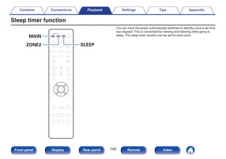 Sleep timer function
.
CBL/SAT
GAME
DVD
AUX1 MEDIA
PLAYER
Blu-ray
TV AUDIO
iPod/USB Bluetooth
TUNER
INTERNET
RADIO
ONLINE
MUSIC
AUX2
CD
BACK SETUP
ENTER
SOUND MODE
TUNE +
-
TUNE
SMART SELECT
1 2 3 4
PURE
MOVIE GAME
MUSIC
INFO OPTION
CH / PAGE VOLUME
MUTE
ECO
POWER
ZONE SELECT
SLEEP
MAIN ZONE 2
ZONE2 SLEEP
MAIN
You can have the power automatically switched to standby once a set time
has elapsed. This is convenient for viewing and listening while going to
sleep. The sleep timer function can be set for each zone.
Contents Connections Playback Settings Tips Appendix
140
Front panel Display Rear panel Remote Index
 