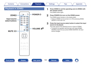 Playback in ZONE2
.
BACK SETUP
ENTER
SOUND MODE
TUNE +
-
TUNE
SMART SELECT
1 2 3 4
PURE
MOVIE GAME
MUSIC
INFO OPTION
CH / PAGE
ECO
ZONE SELECT
SLEEP
MAIN
POWER
ZONE2
CBL/SAT
GAME
DVD
AUX1 MEDIA
PLAYER
Blu-ray
TV AUDIO
iPod/USB Bluetooth
TUNER
INTERNET
RADIO
ONLINE
MUSIC
AUX2
CD
VOLUME
MUTE
ZONE2
MUTE
POWER
VOLUME
X
df
:
Input source
select buttons
1 Press ZONE2 to set the operating zone to ZONE2 with
the remote control.
The ZONE2 button lights.
2 Press POWER X to turn on the ZONE2 power.
The ZONE2 power indicator on the display lights.
0 Power in ZONE2 can be turned on or off by pressing ZONE2
ON/OFF on the main unit.
3 Press the input source select button to select the input
source to be played.
The audio signal of the selected source is output to ZONE2.
0 To perform an operation with the main unit, press ZONE2
SOURCE. Each time you press ZONE2 SOURCE, the input
source changes.
Contents Connections Playback Settings Tips Appendix
152
Front panel Display Rear panel Remote Index
 